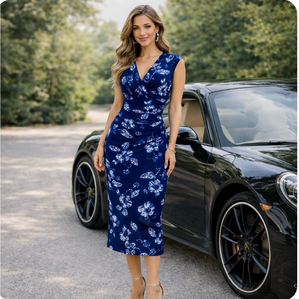 Lauren Ralph Lauren Navy Floral Midi Dress – Elegant V-Neck, Ruched Waist